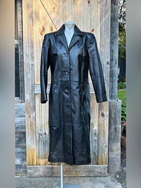 Vintage Jacqueline Ferrar Womens Long Black Leather Trench Coat~M~